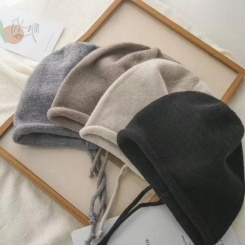 Women's Winter Plush Knit Beanie Hat with Ear Flaps Knit Winter Beanie Qst