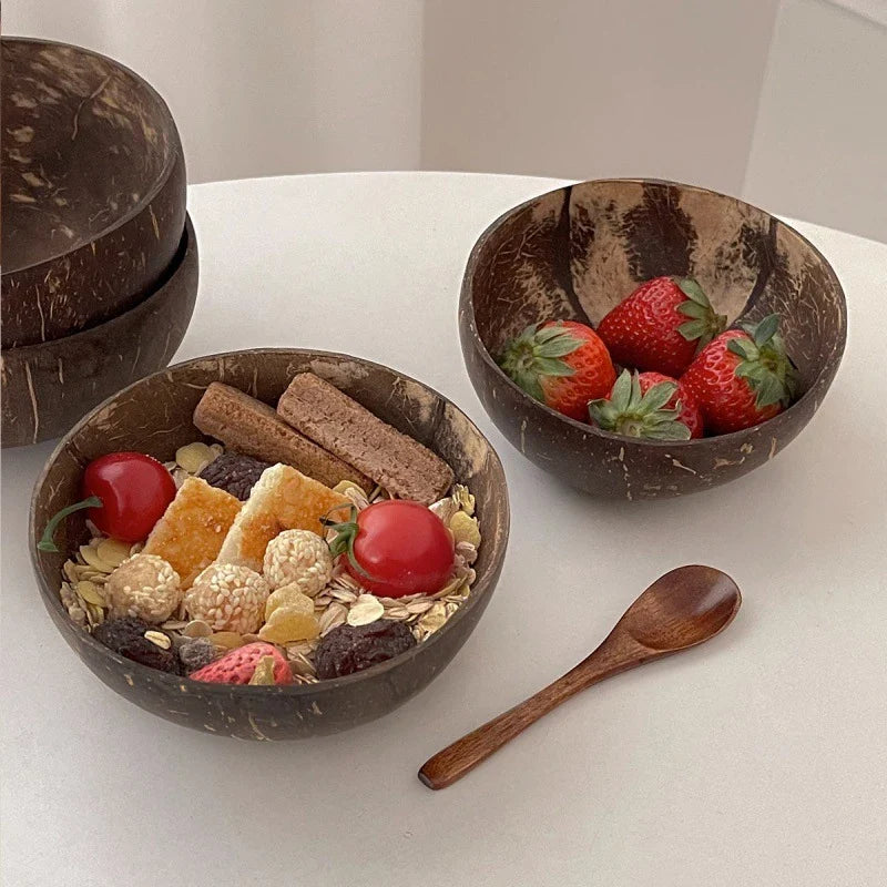 Natural Handmade Coconut Bowl with Fork – Eco Tableware Coconut Bowl Set Qme