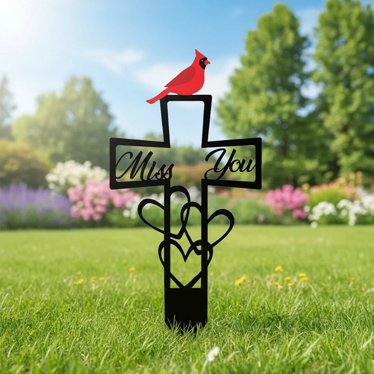 Metal Cardinal Memorial Plaque – Red Bird Cross Grave Marker Memorial Grave Marker Qme