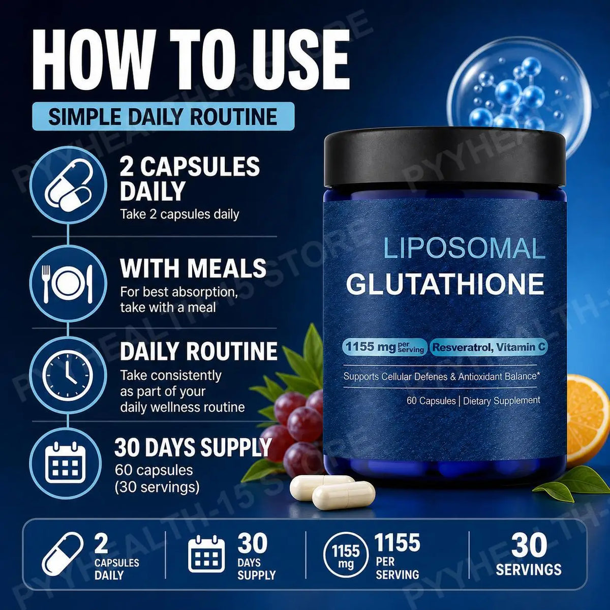 Liposomal Glutathione Capsules with Resveratrol & Vitamin C 60ct Antioxidant Supplement Qst