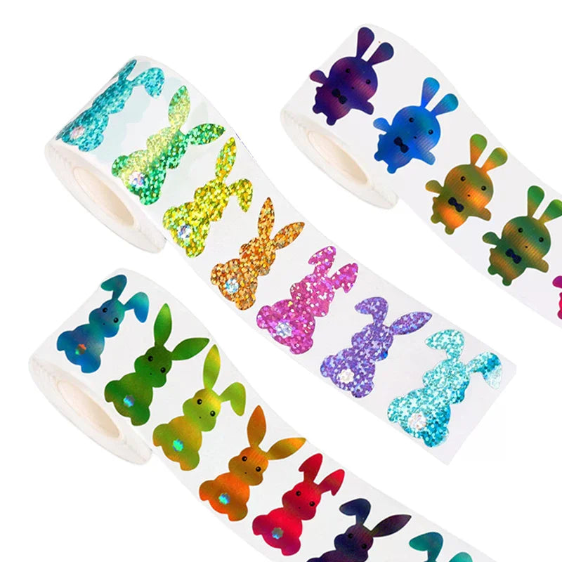 Holographic Easter Bunny & Carrot Stickers Roll – Waterproof Holiday Party Stickers Qme