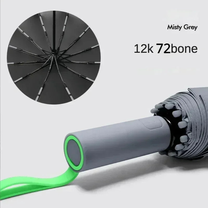 Windproof Auto Folding Umbrella – 72-Bone UV & Rain Shield Folding Umbrella Qst Iron 12K Grey