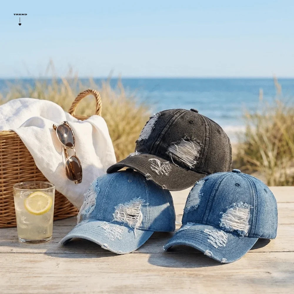 Retro Ripped Washed Denim Baseball Cap | Frayed Curved Brim Denim Baseball Cap Qme
