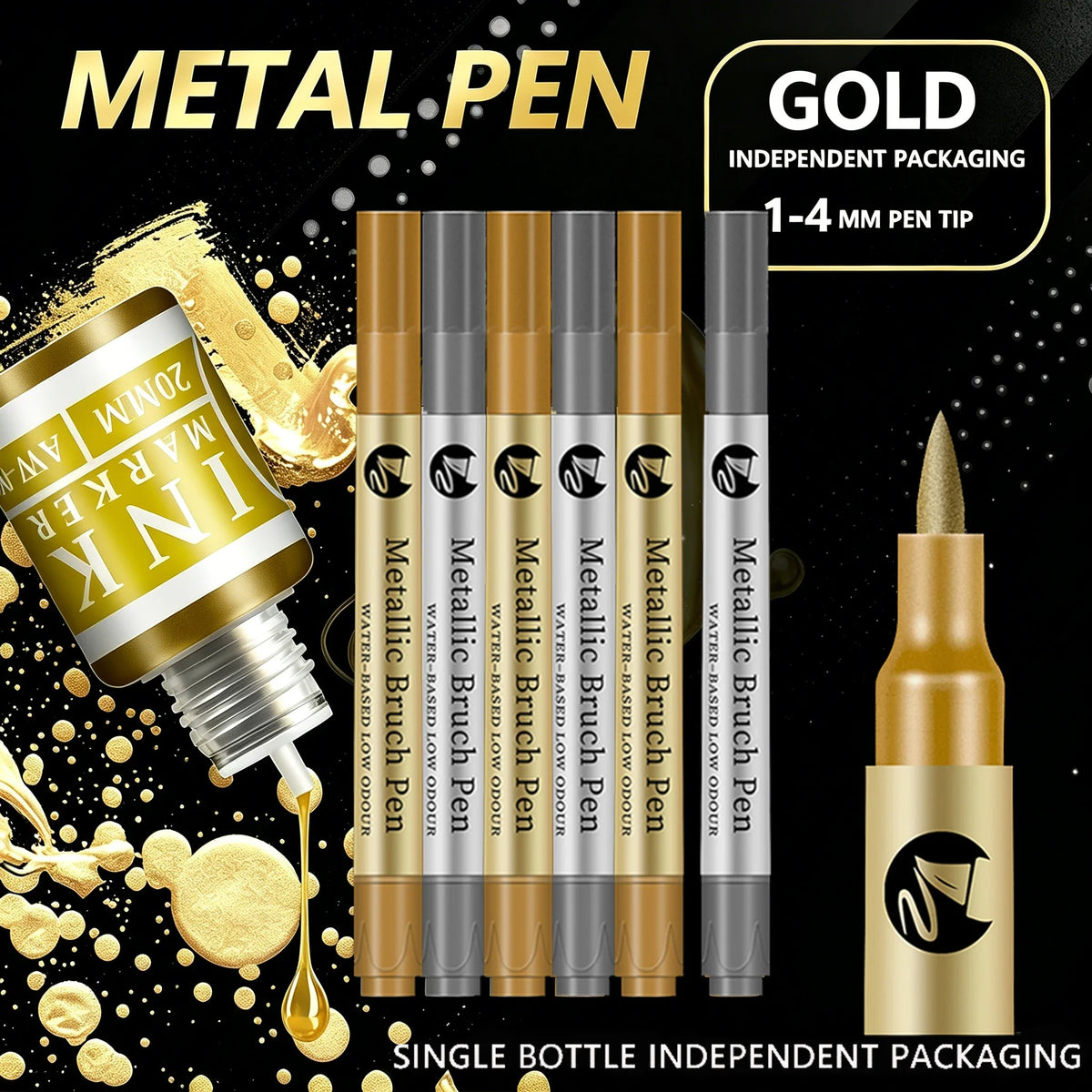 Metallic Permanent Marker Pens Gold & Silver Waterproof Paint DIY Metallic Paint Markers Qme