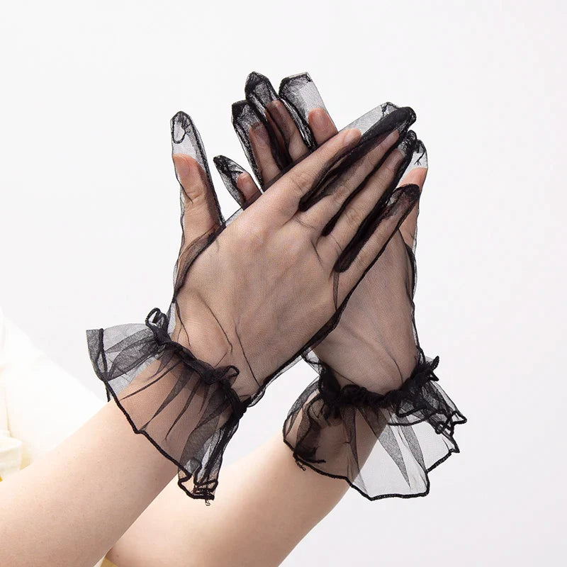Women's Black Lace Gloves – Sheer Tulle Wedding & Bridal Lace Fashion Gloves Qme
