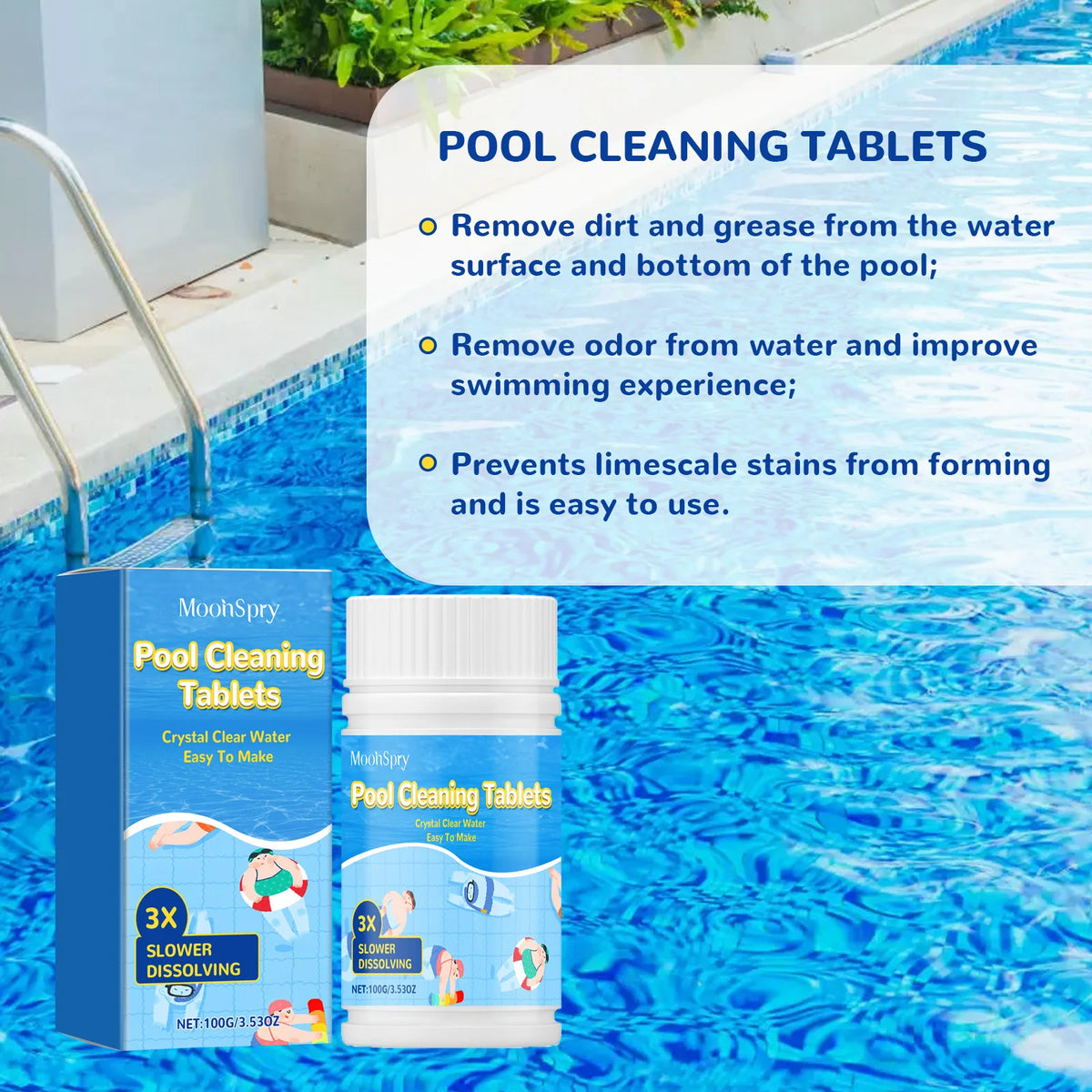 100G Slow-Dissolving Pool Cleaning Tablets – Limescale & Odor Pool Cleaning Tablets Qst