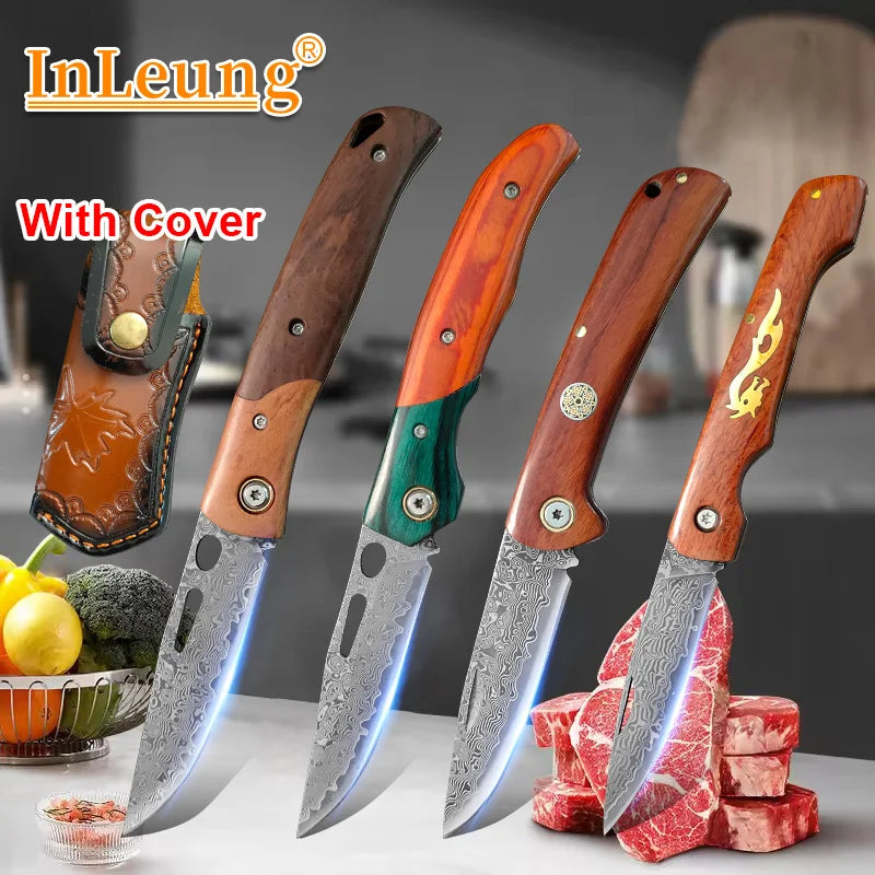 Damascus Steel Folding Pocket Knife – Wood Handle EDC Tool Folding Pocket Knife Qst