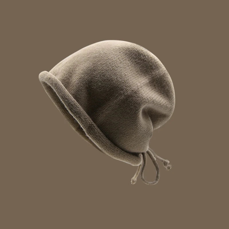 Women's Knitted Drawstring Beanie – Warm Pile Hat Curled Brim Knitted Winter Beanie Qst Khaki