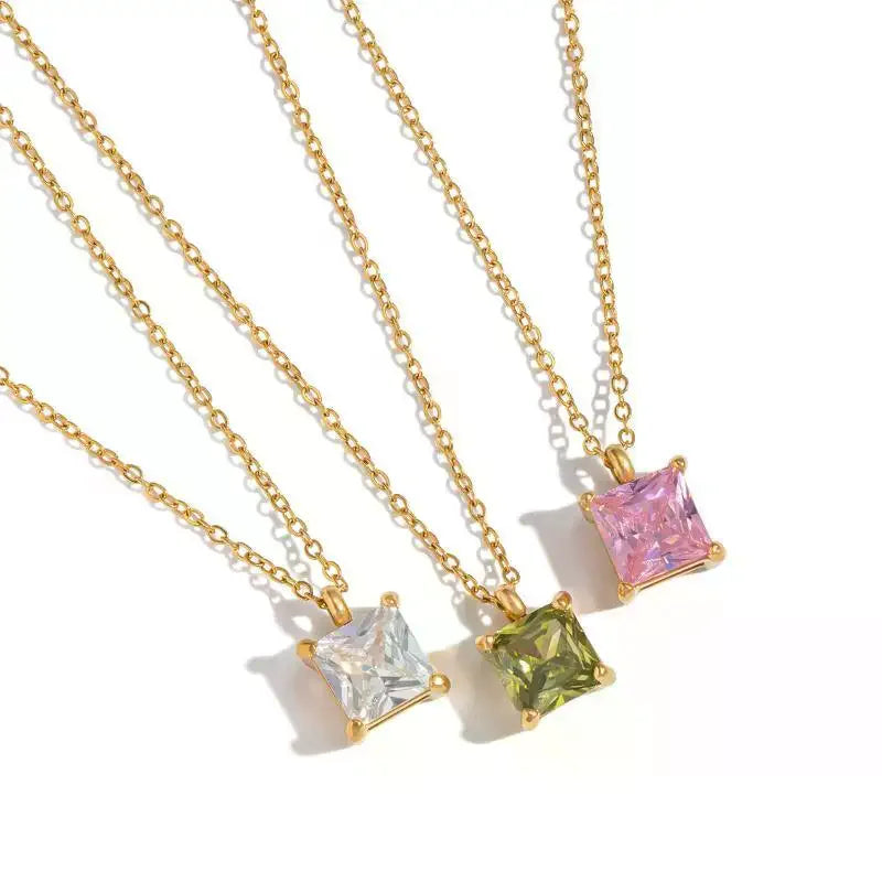 Minimalist Stainless Steel Square Zircon Pendant Necklace Pendant Necklace Qme