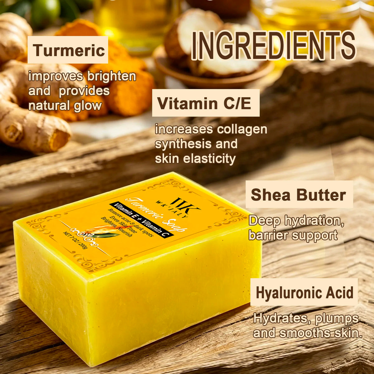 WK'JALY Turmeric Glow Soap with Vitamin C – 200g Bar Brightening Bar Soap Qst