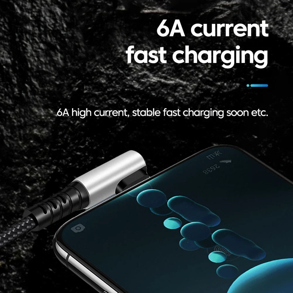 6A 90° Elbow USB-C Fast Charging Cable | Braided Short Cord USB-C Charging Cable Qme