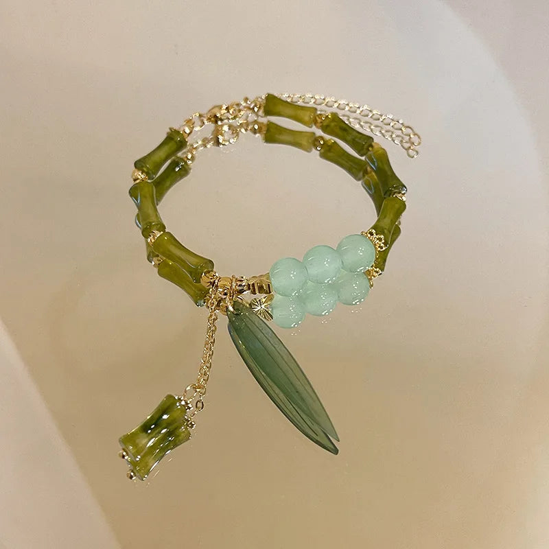 Imitation Jade Glass Bamboo Bracelet – Palace Style Beaded Bracelet Qme bamboo leaf 18cm