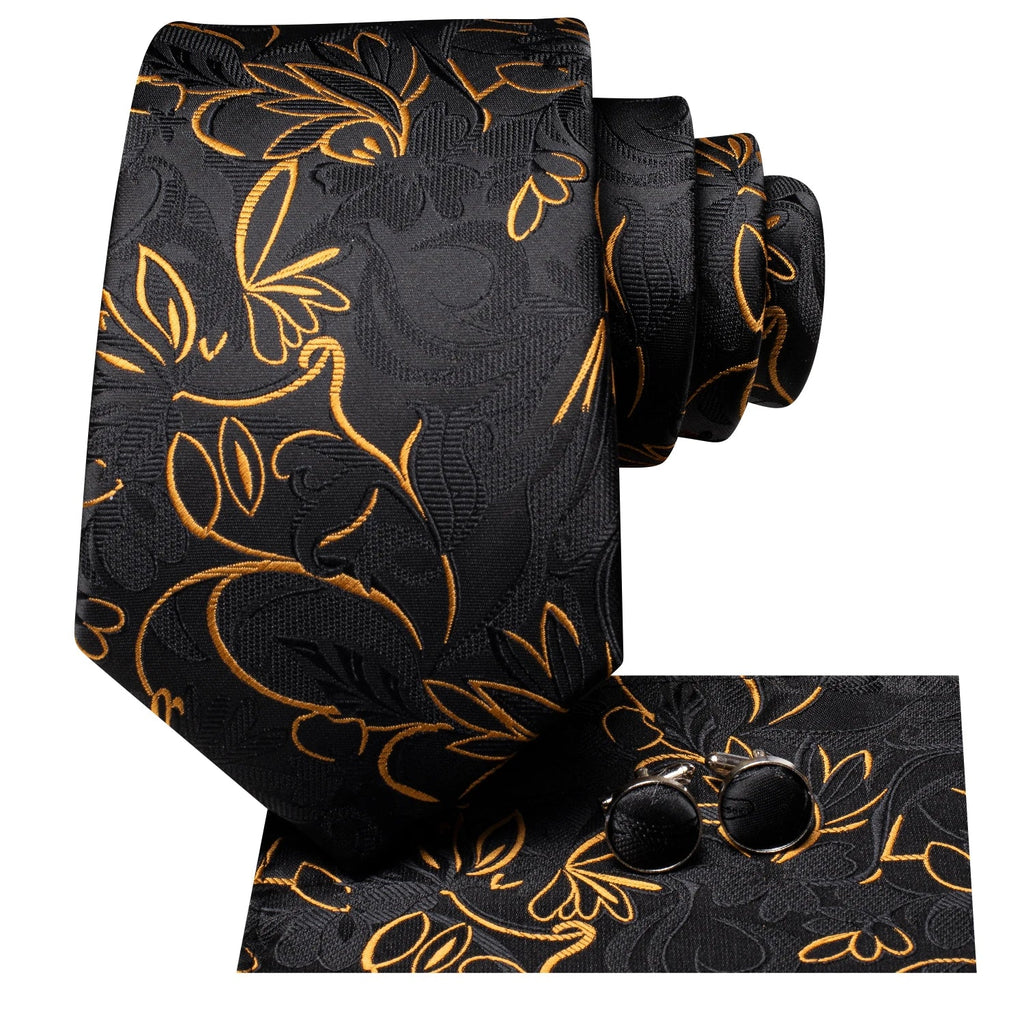 Hi-Tie Black Gold Floral Luxury Tie Set – Cufflinks & Handkerchief Luxury Necktie Set Qme