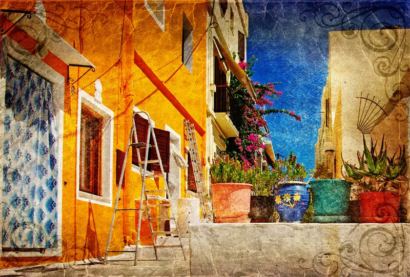 Retro Nostalgic Town Canvas Poster | Flowers Boats Bicycles