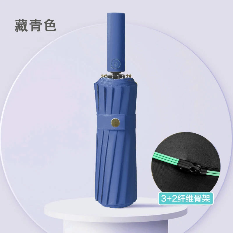 60-Bone Windproof Folding Umbrella – Auto UV & Waterproof Folding Umbrella Qst Dark Blue 12K Iron