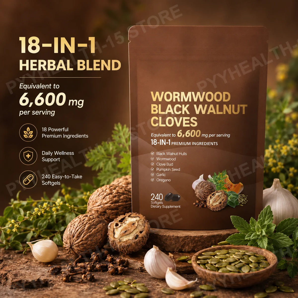 18-in-1 Wormwood Black Walnut Clove Herbal Softgels 240ct Herbal Supplement Qst