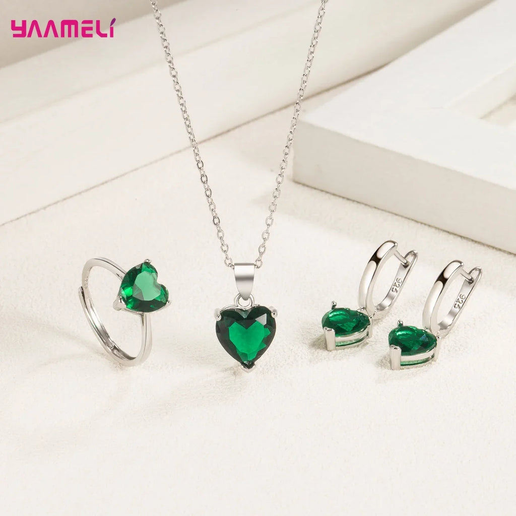 925 Sterling Silver Heart Jewelry Set – Necklace, Earrings & Ring Silver Jewelry Set Qme