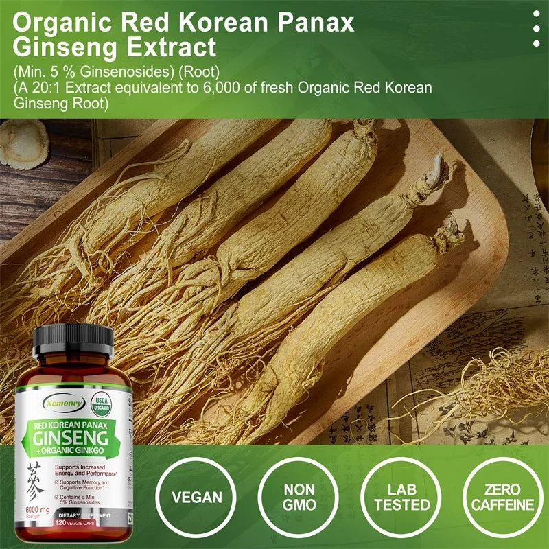 Korean Red Panax Ginseng & Ginkgo Biloba – Energy & Focus Caps Herbal Supplement Capsules Qst