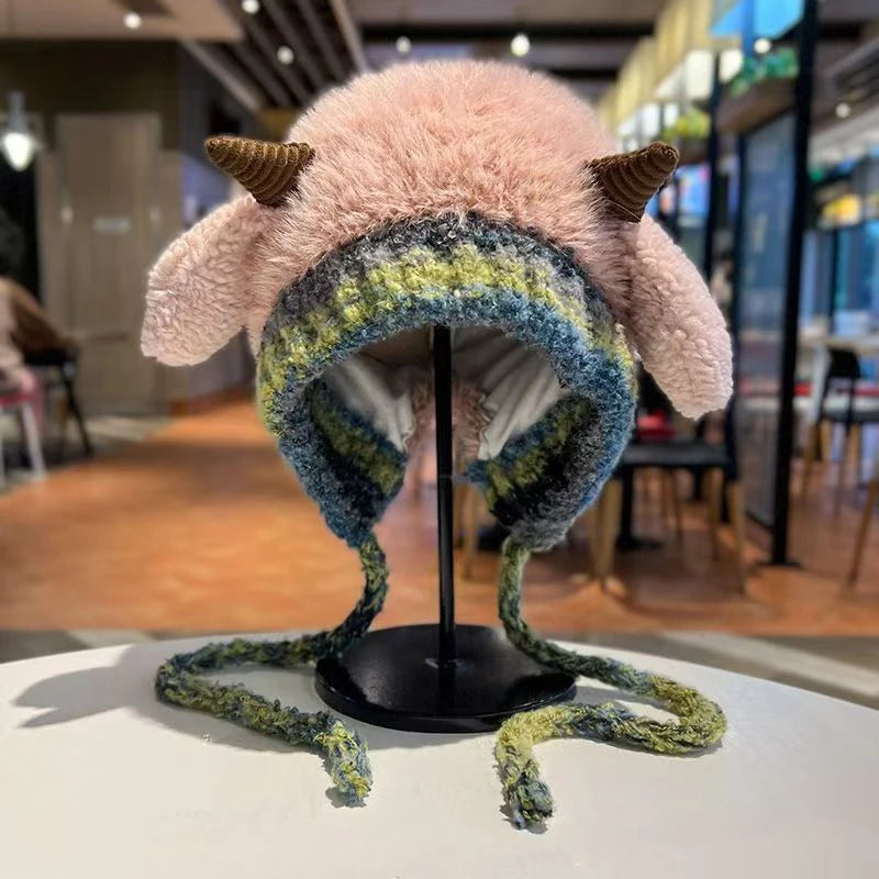 Women's Plush Knitted Beanie – Warm Winter Hat with Ear Cover Knitted Beanie Hat Qst pink
