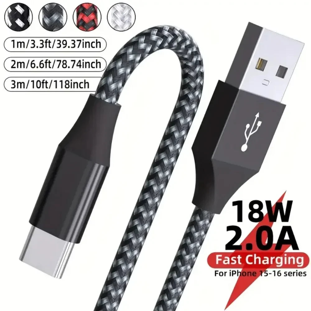 USB-A to USB-C Nylon Braided Cable 18W Fast Charging 480Mbps USB-C Charging Cable Qme 1PC Black 3m