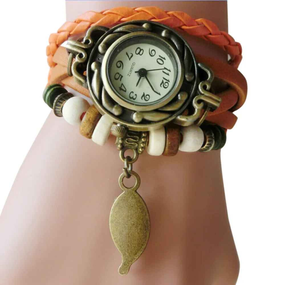 Women's Vintage Leather Wrap Bracelet Watch | Leaf Pendant Leather Bracelet Watch Qme