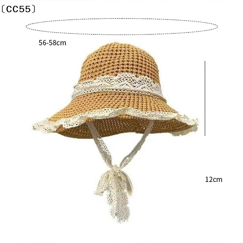 Women's Wide Brim Lace Straw Hat – Beach Sun Cap Straw Sun Hat Qst