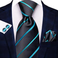 Hi-Tie Men's Striped Navy Blue Silk Necktie & Cufflinks Set