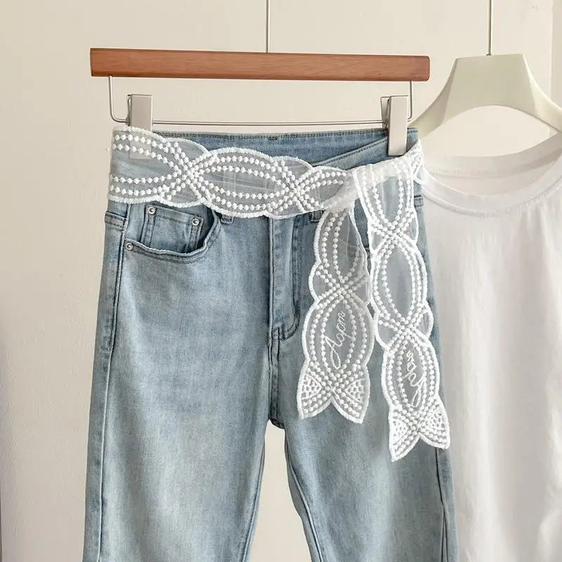 White Lace Mesh Embroidery Waist Belt for Women – Boho Style Lace Waist Belt Qst A1