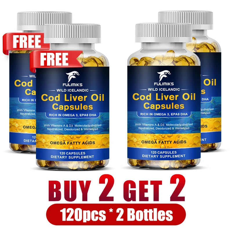 Fulimiks Cod Liver Oil Capsules | Vitamins A & D3 | 120ct Omega-3 Supplement Qst 4 Bottles-120pcs