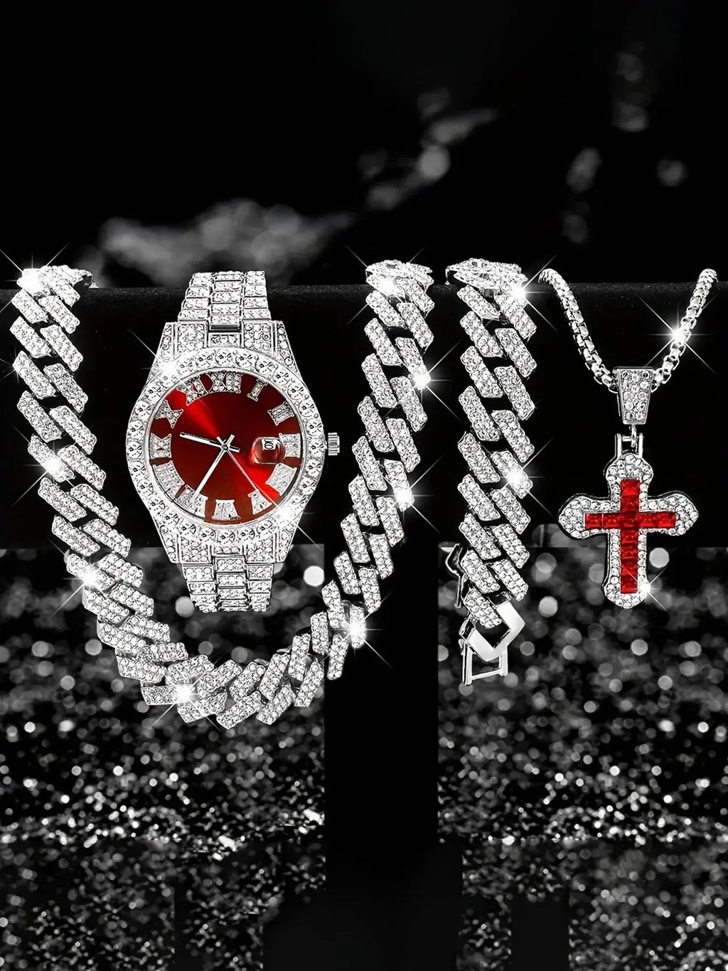 Red Sunburst Dial Quartz Watch Rhinestone Multipack | Qme Fashion Watch Set Qme Red