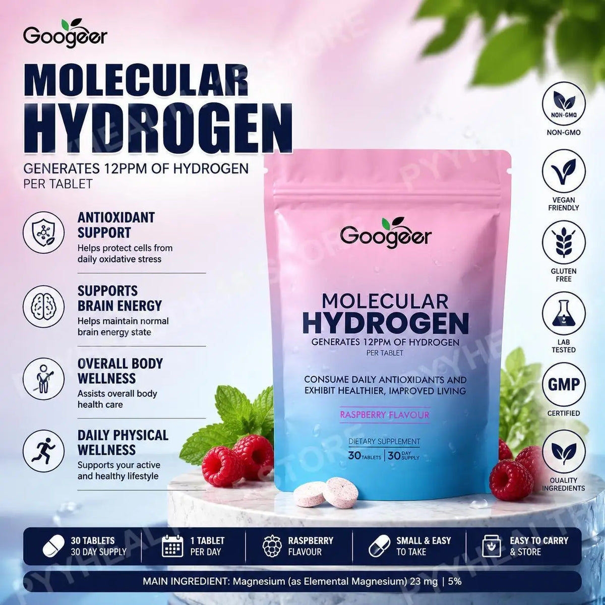 Molecular Hydrogen Water Tablets 12PPM Raspberry – 30 Ct Hydrogen Water Tablets Qst