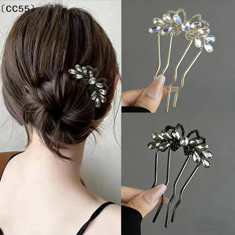 Butterfly Rhinestone U-Shaped Hair Stick – Hanfu Bun Clip Hair Stick Hairpin Qst