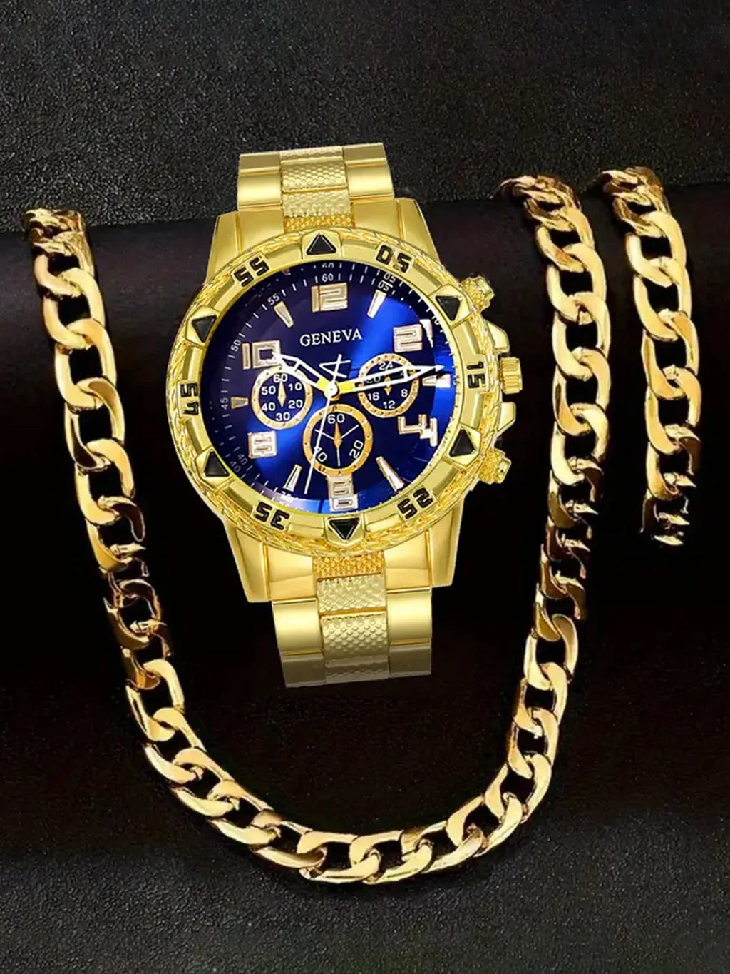 Geneva Triple Sub-Dial Watch & Gold Cuban Chain Bracelet Set Watch Bracelet Set Qme Rose