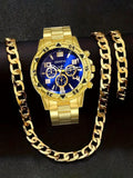 Geneva Triple Sub-Dial Watch & Gold Cuban Chain Bracelet Set Watch Bracelet Set Qme Rose