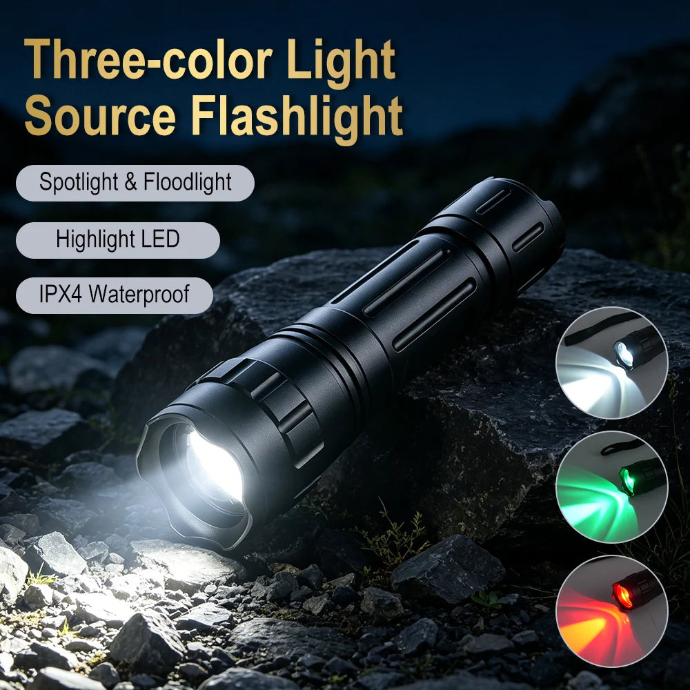 BORUiT 800LM Zoomable LED Flashlight – 3-Color Camping Torch LED Flashlight Torch Qst