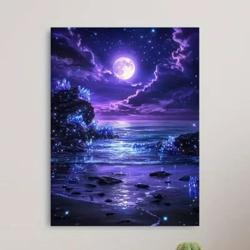 Frameless Canvas Wall Art – Full Moon Purple Beach Print Canvas Wall Art Qst