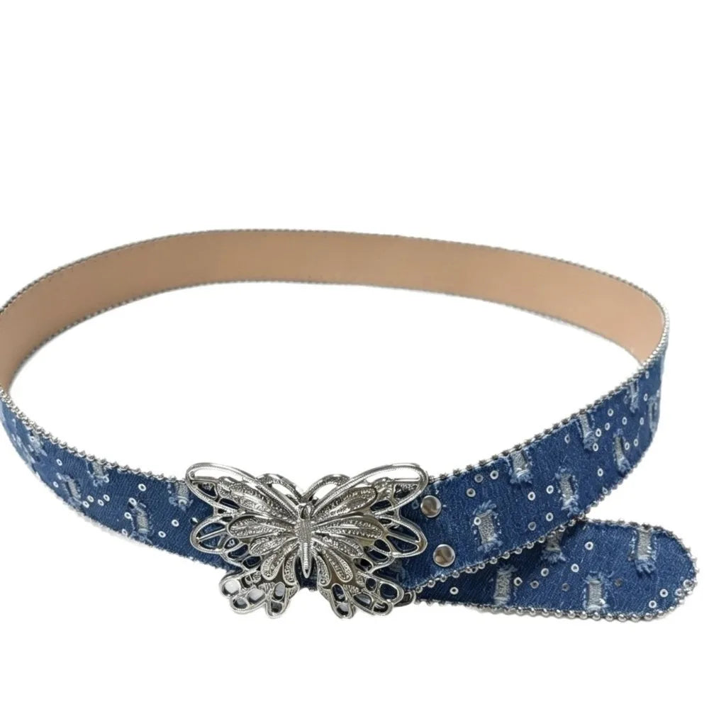 Sequin Butterfly Wide Belt – Y2K Punk Korean Denim Style Wide Fashion Belt Qme Blue