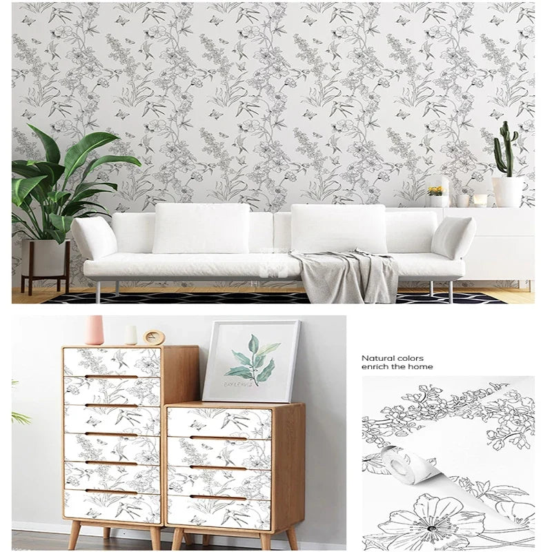 Black & White Floral Peel and Stick Wallpaper | DIY Contact Paper Peel & Stick Wallpaper Qme 2yan zhi chun 300cmx44cm