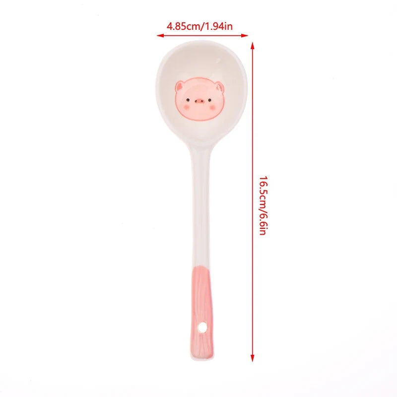 Kawaii Pig Ceramic Spoon | Hand-Painted Cute Soup & Dessert Ceramic Dessert Spoon Qme 1PC
