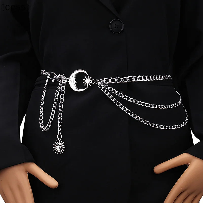 Women's Moon Star Waist Chain Belt – Gold & Silver Alloy Waist Chain Belt Qst