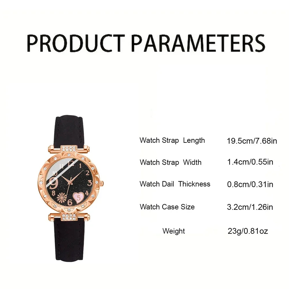 Women's Analog Quartz Watch & Leather Bracelet Set – 6 Pcs Watch & Bracelet Set Qme