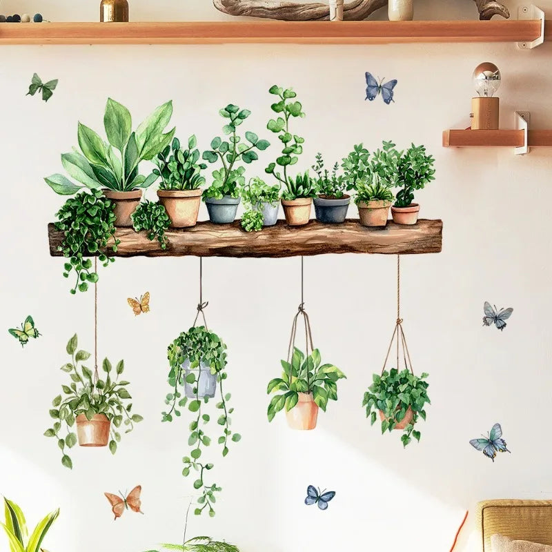 3D Potted Plant Shelf Wall Decals – Botanical Tropical Succulent Wall Decals Qme