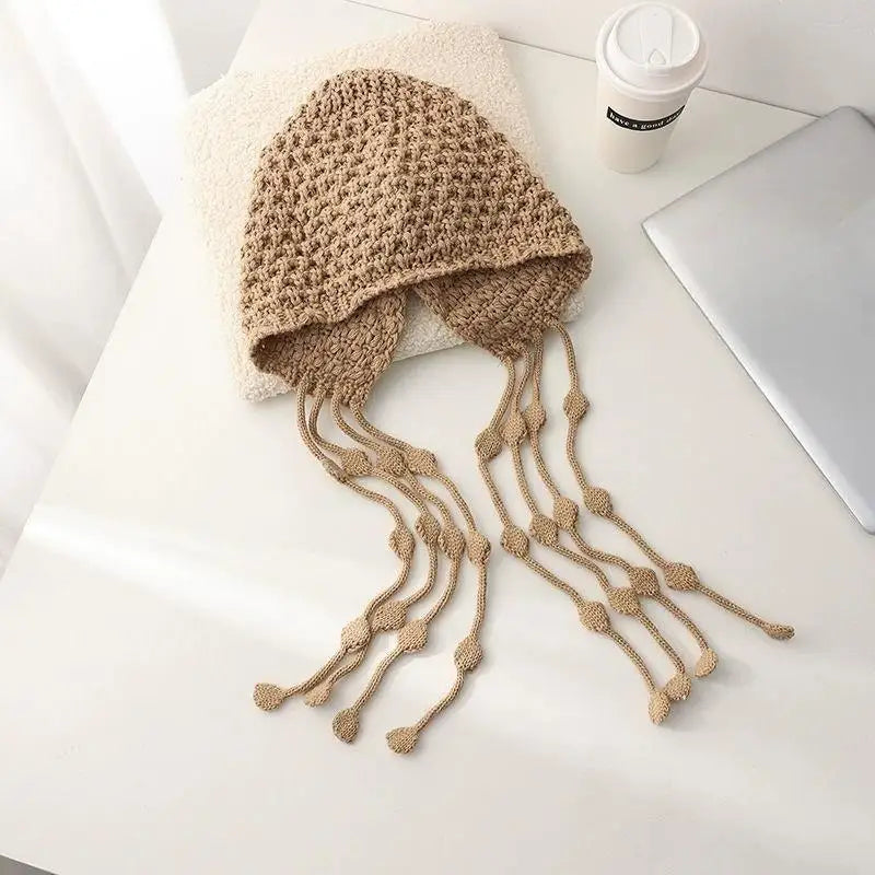 Women's Winter Knitted Tassel Beanie with Ear Cover Knitted Winter Beanie Qst A4