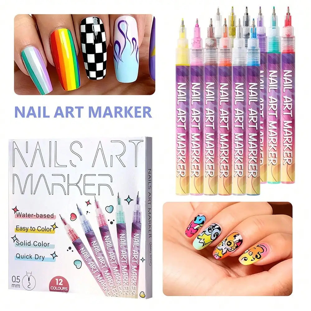 12-Piece 3D Nail Art Pen Set – DIY Drawing & Decoration Markers Nail Art Pen Set Qme 1 set