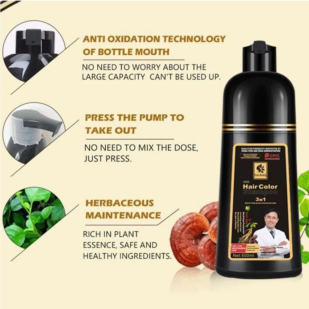 REAROYA Black Hair Dye Shampoo – Natural Plant Formula 500ml Hair Dye Shampoo Qst