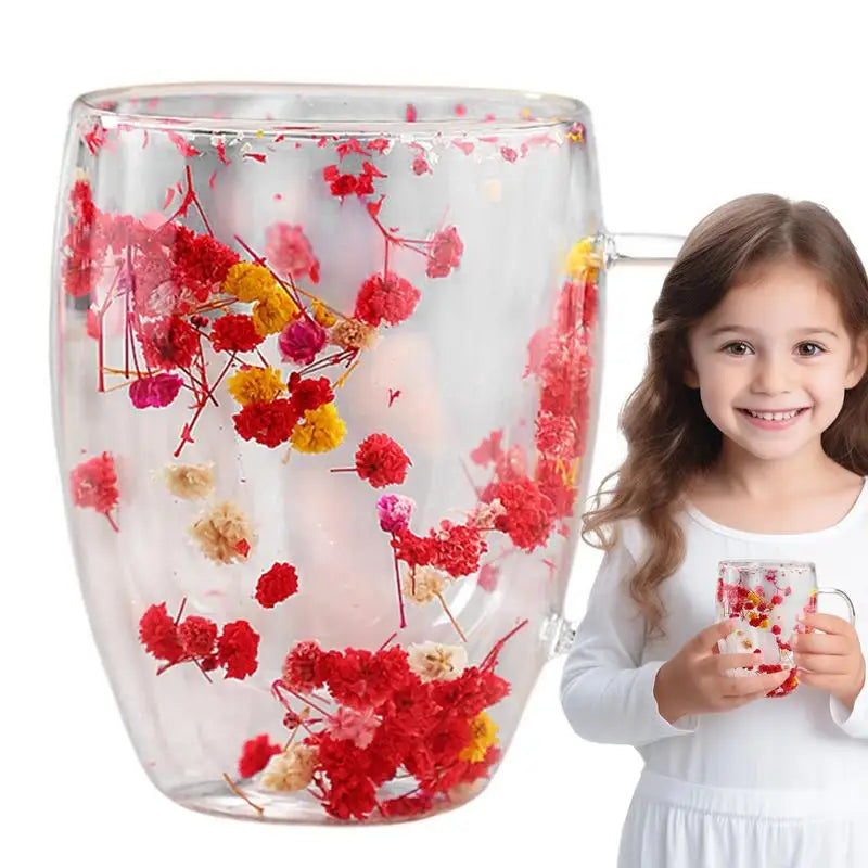 Double Walled Glass Coffee Mug with Dried Flowers – 350ml Glass Coffee Mug Qst