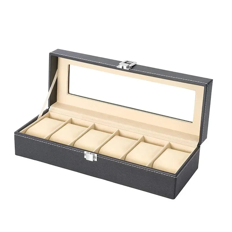 6-Slot Lockable PU Leather Watch Box | Jewelry Organizer Watch Storage Box Qme