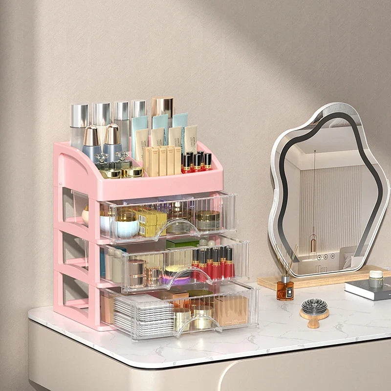 Multi-Layer Desktop Storage Drawer Organizer | Hair & Cosmetics Desktop Drawer Organizer Qme Pink Four layers