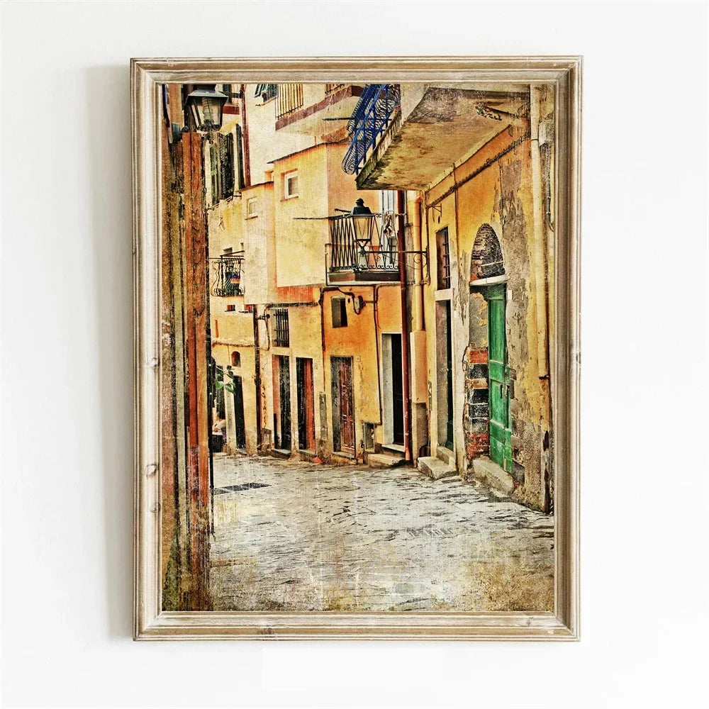 Retro Nostalgic Town Canvas Poster | Flowers Boats Bicycles Canvas Wall Art Qst