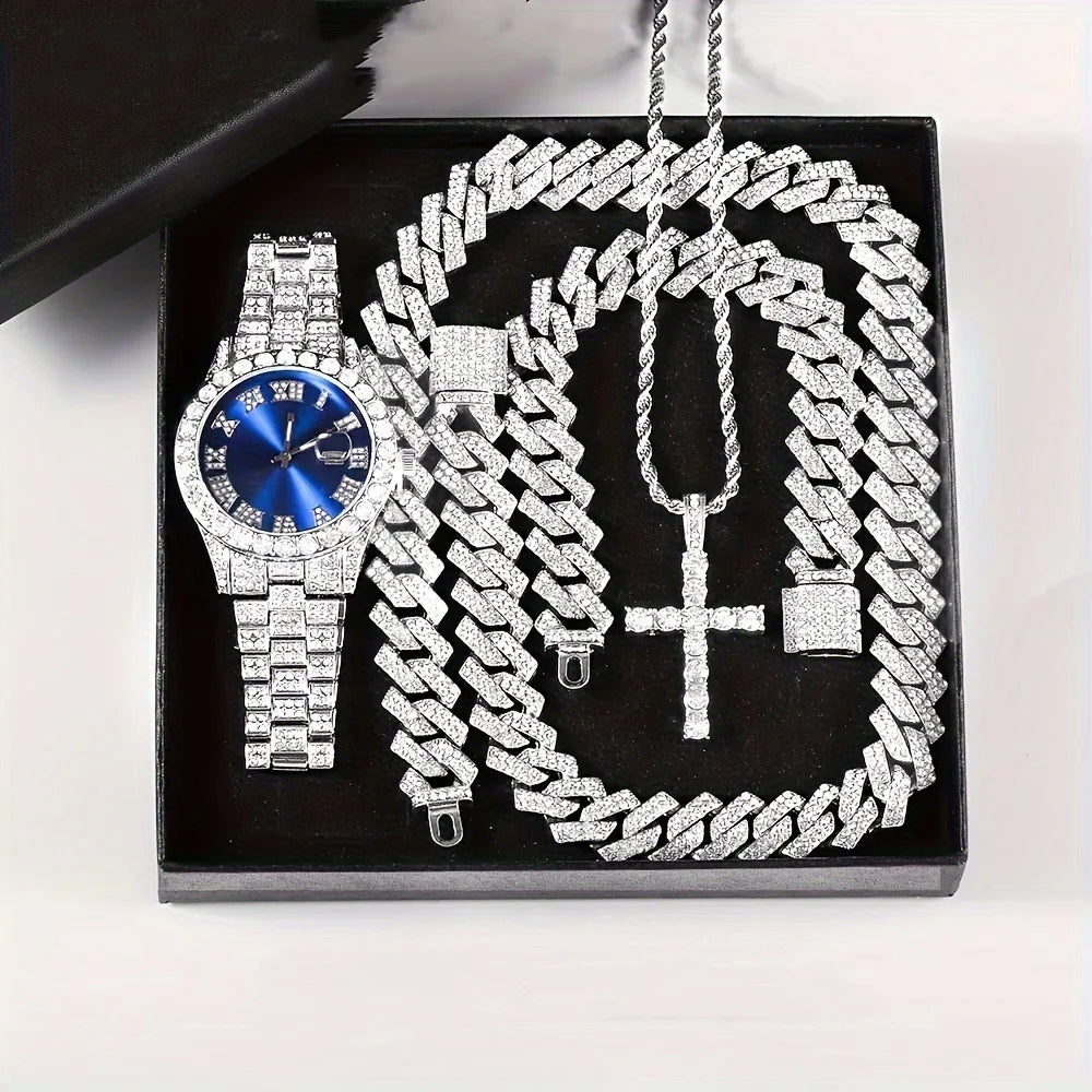 Diamond Studded Luxury Quartz Watch & Cuban Bracelet Set Quartz Watch Set Qme